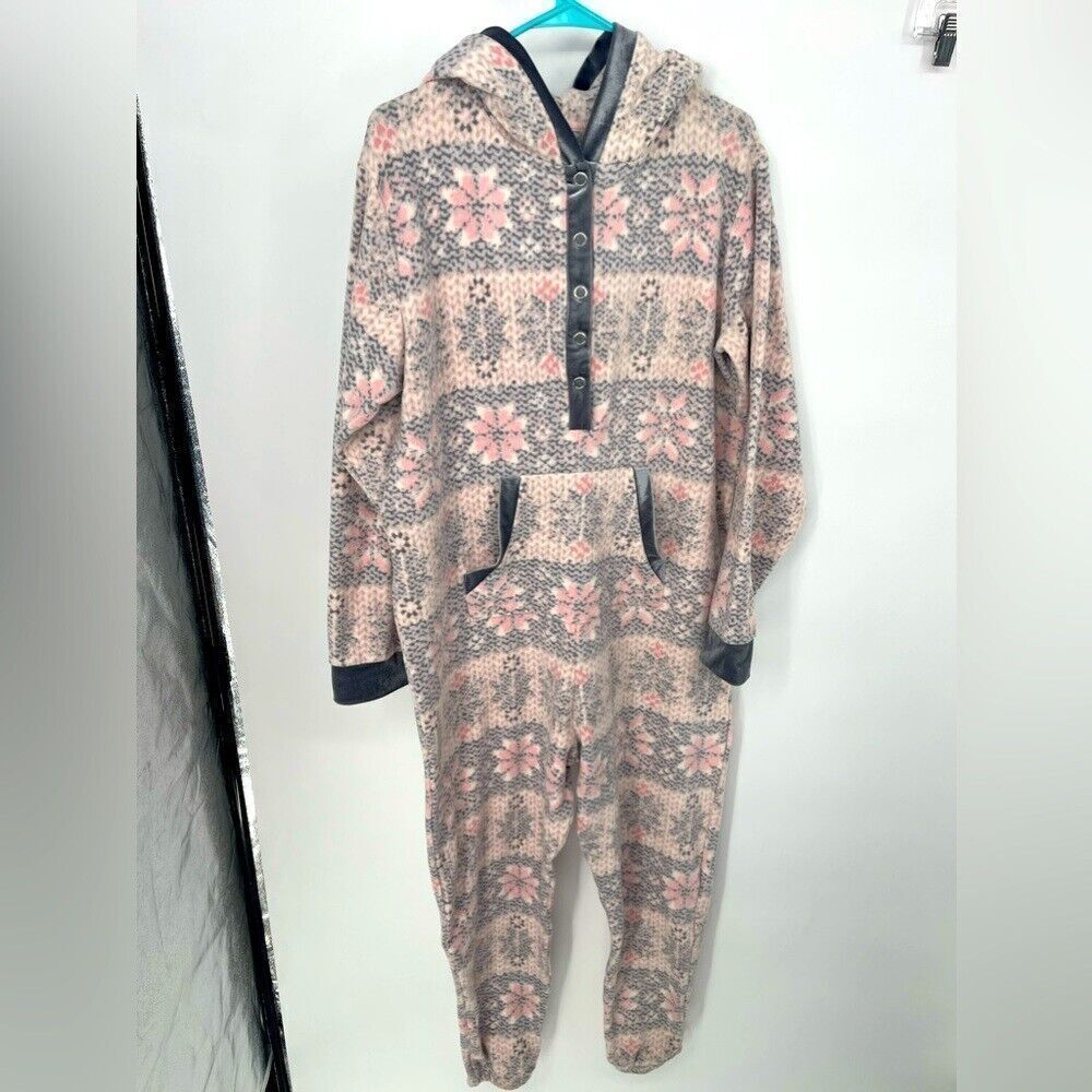 Kinsey fleece, PJs size medium, pink, and gray with hood and ears